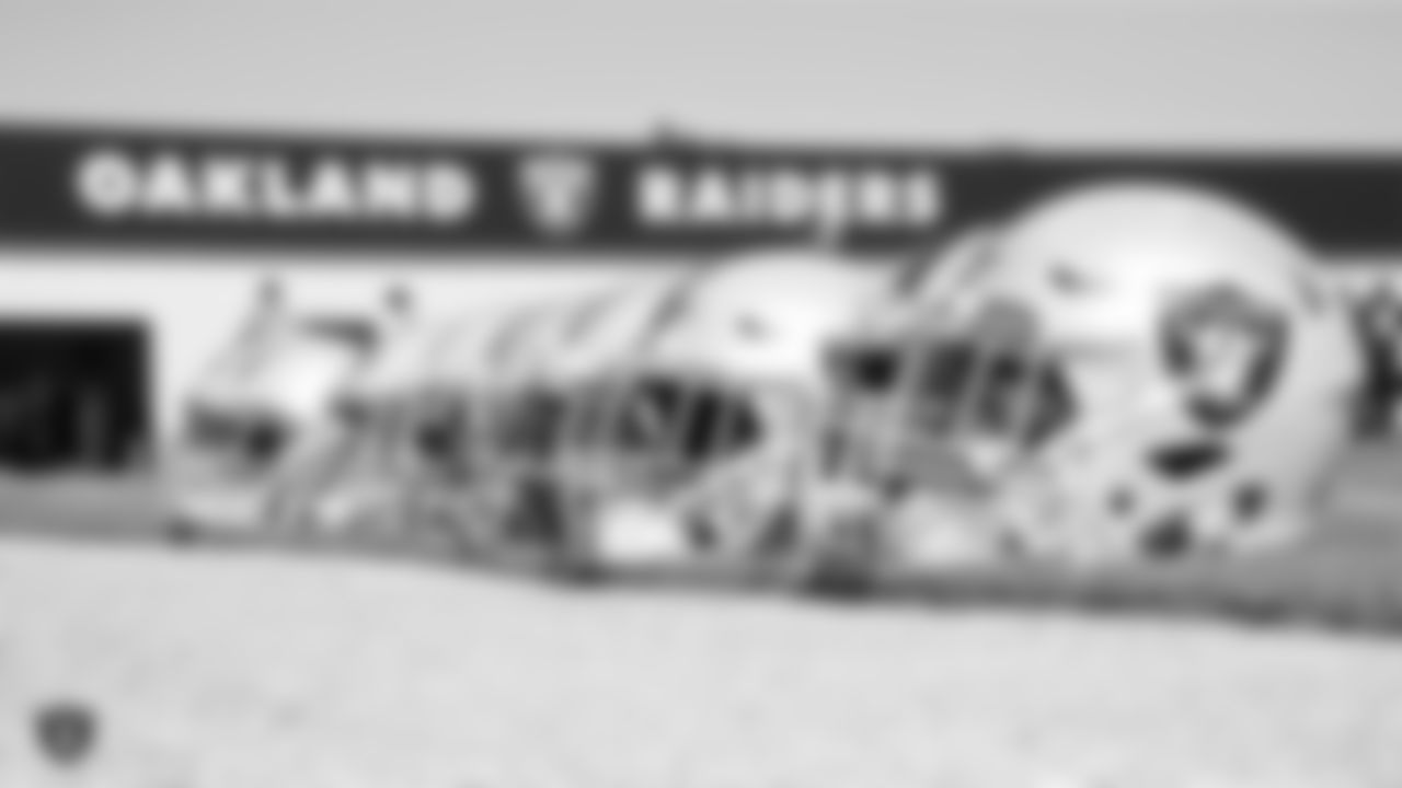 Oakland Raiders helmets on the field for practice at the Oakland Raiders Practice Facility, Friday, September 21, 2018, in Alameda, California.