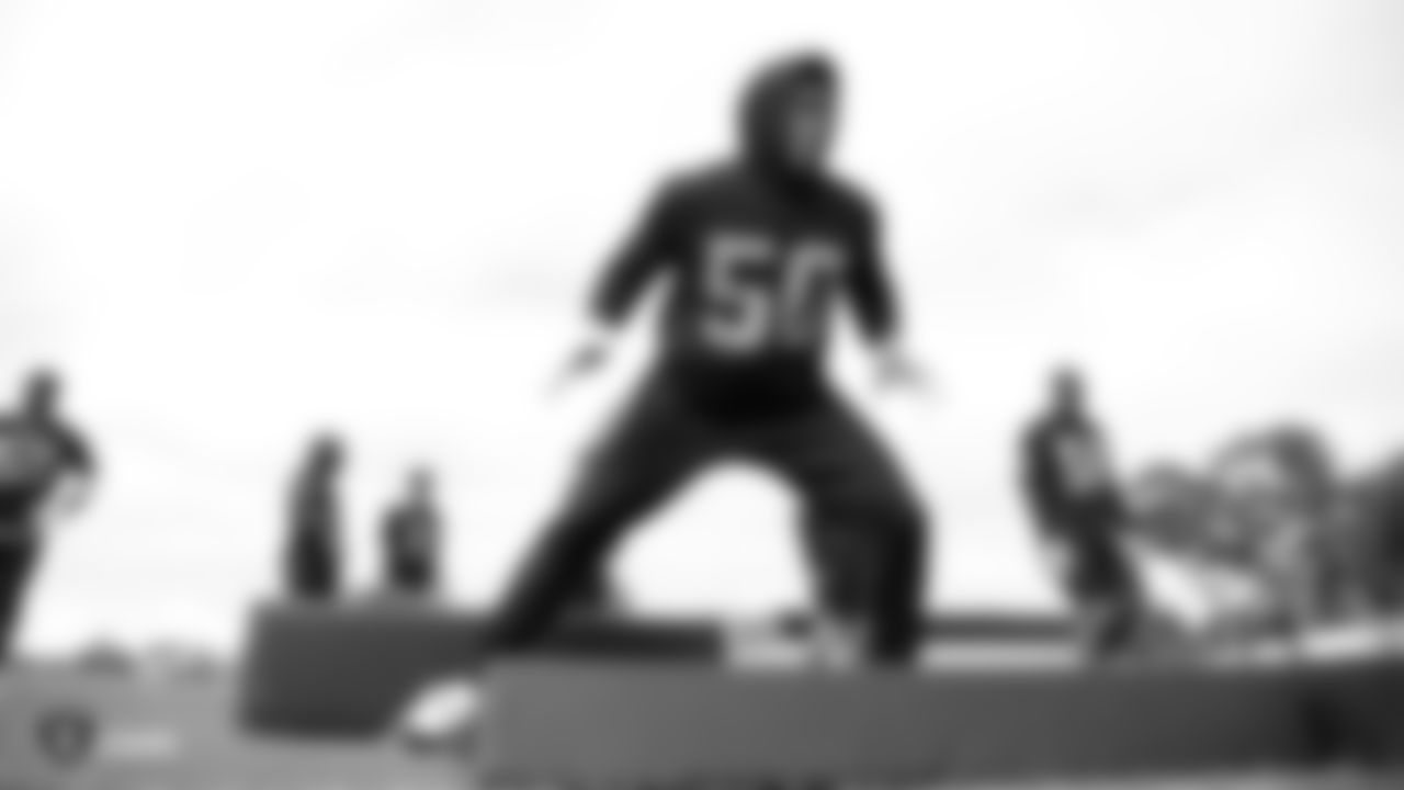 Raiders linebacker Nicholas Morrow (50) at a workout during phase two of the offseason program at the Raiders Practice Facility in Alameda, Calif.