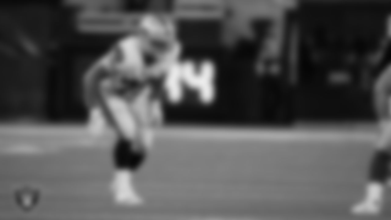 Las Vegas Raiders defensive end George Tarlas (79) during the preseason away game against the Los Angeles Rams at Sofi Stadium.
