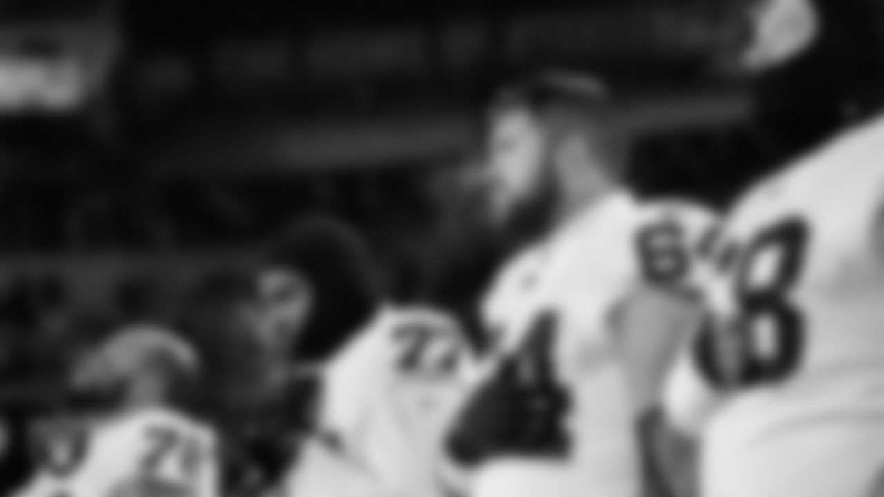 Las Vegas Raiders guard Alex Bars (64) during the national anthem before the regular season away game against the Pittsburgh Steelers at Acrisure Stadium.