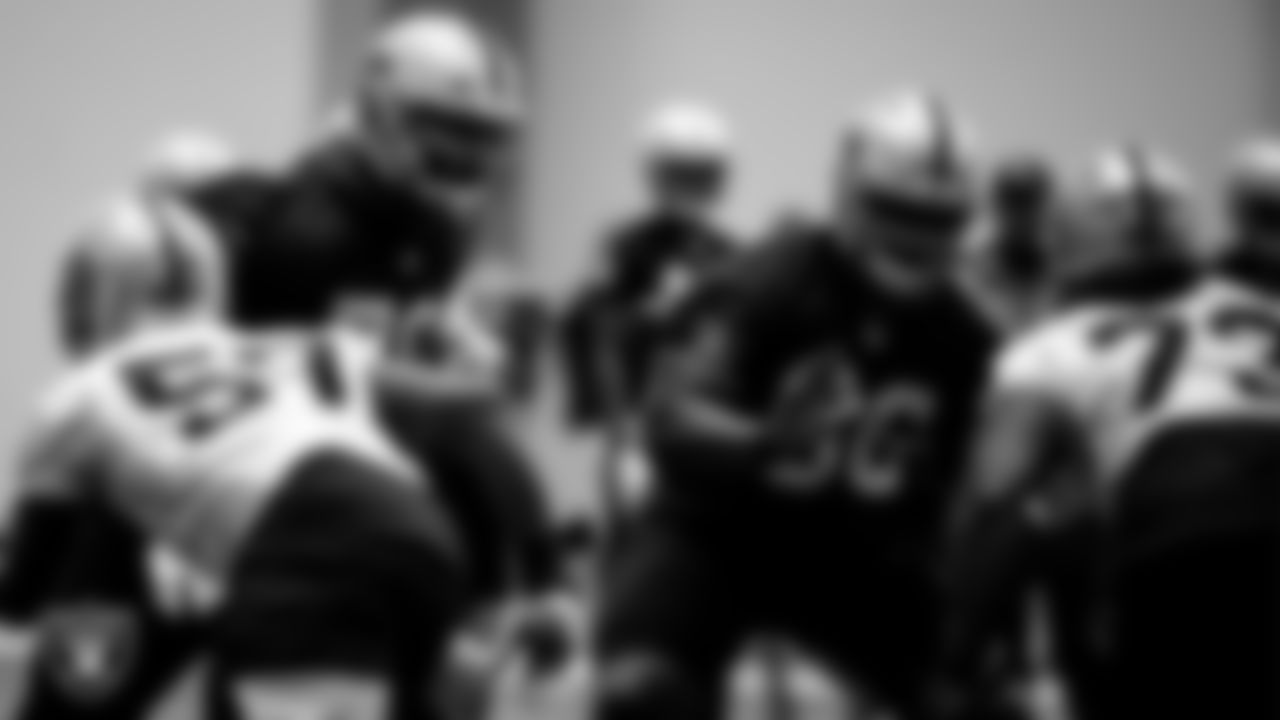 Las Vegas Raiders tackle Sam Young (70) and guard Gabe Jackson (66) during practice.