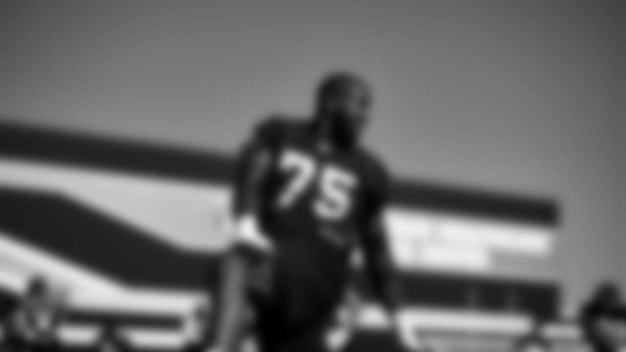 Las Vegas Raiders tackle Brandon Parker (75) during practice at Intermountain Healthcare Performance Center.