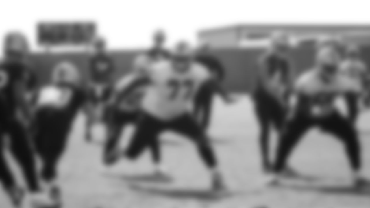 Raiders tackle Trent Brown (77) blocks during practice at the Raiders Practice Facility.