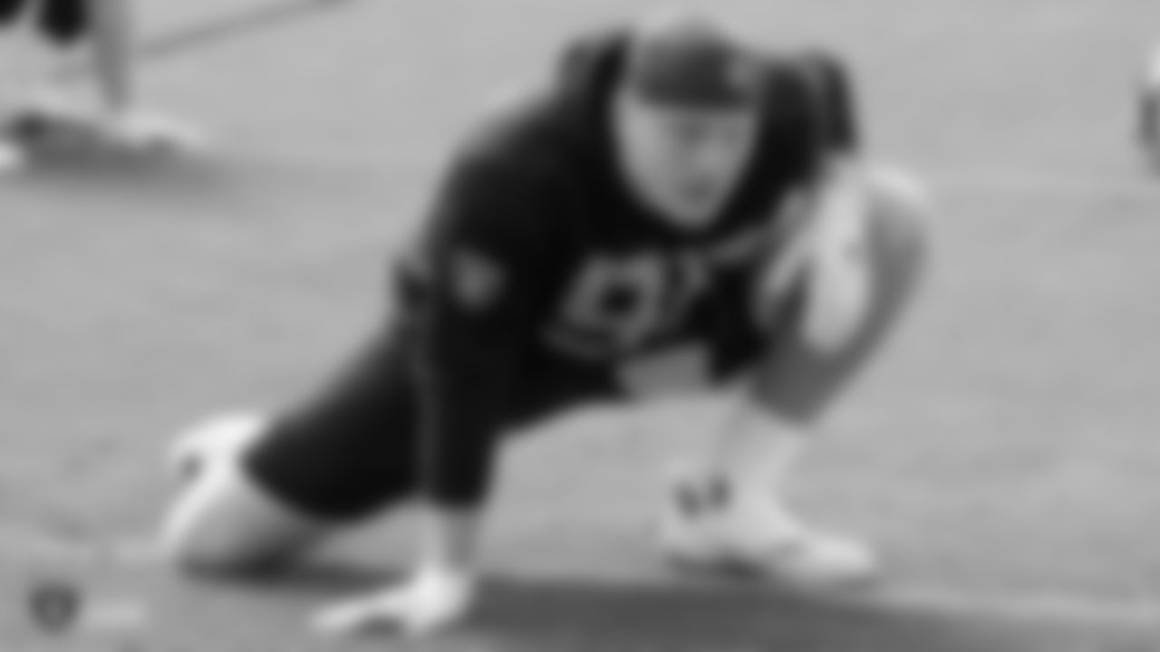 Raiders defensive end Maxx Crosby at a workout during phase two of the offseason program at the Raiders Practice Facility in Alameda, Calif.