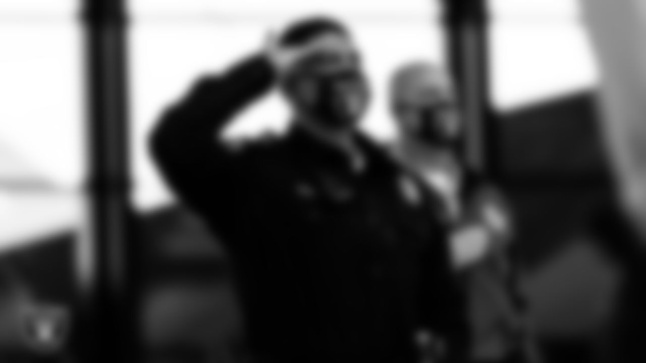A member of the Henderson Police Department during the national anthem before the Las Vegas Raiders regular season home game against the Indianapolis Colts.
