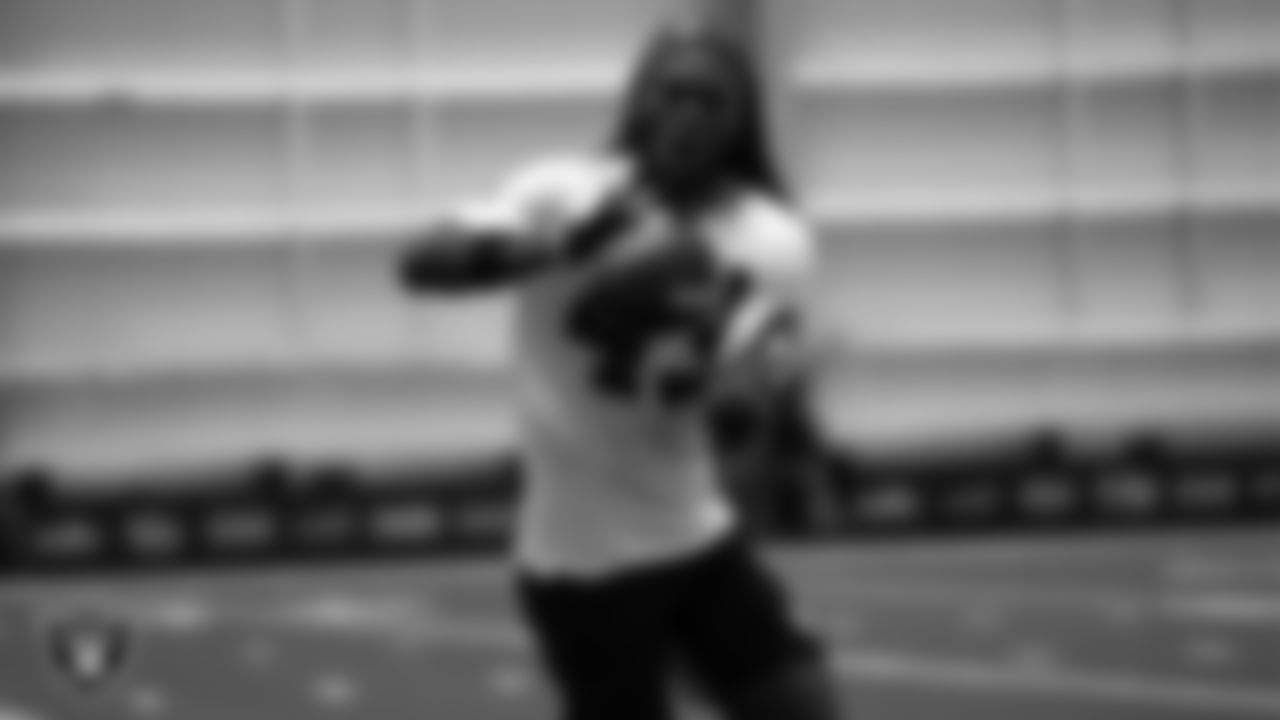 Las Vegas Raiders cornerback Madre Harper (43) on the field for a walk through at 2020 Training Camp