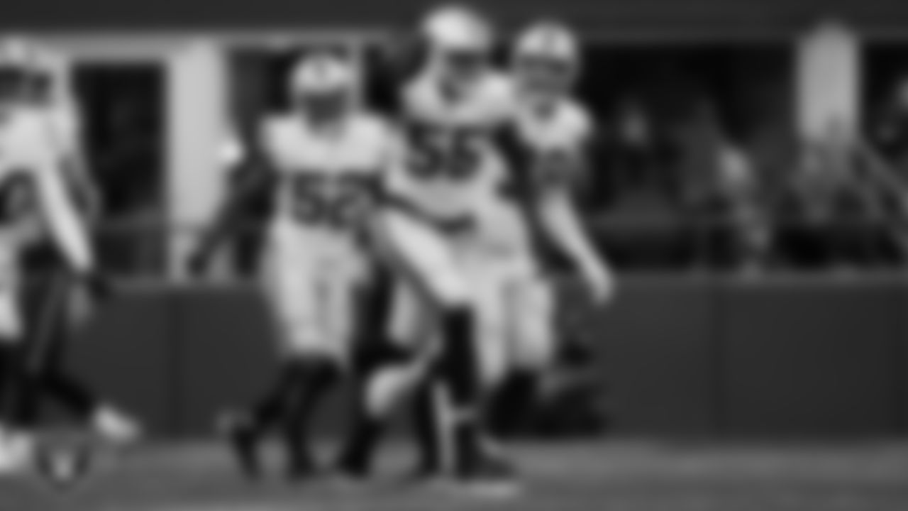 Las Vegas Raiders defensive end Chandler Jones (55) celebrates after recovering a fumble during the regular season away game against the Seattle Seahawks at Lumen Field.