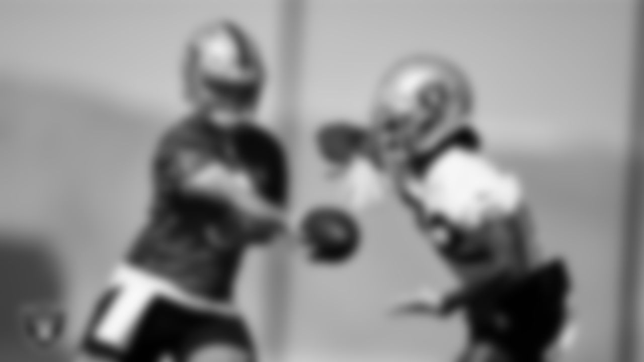 Las Vegas Raiders quarterback Jarrett Stidham (3) and running back Ameer Abdullah (22) on the field for practice at 2022 Training Camp at Intermountain Healthcare Performance Center.
