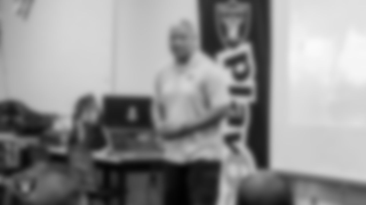 Las Vegas Raiders alumnus Chris McLemore speaks during the Raiders Youth Football Coaches Clinic presented by Intermountain Healthcare.