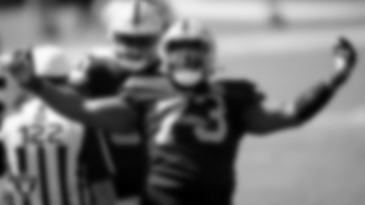 Las Vegas Raiders defensive tackle Maurice Hurst (73) celebrates after sacking the quarterback during the regular season away game against the Carolina Panthers.