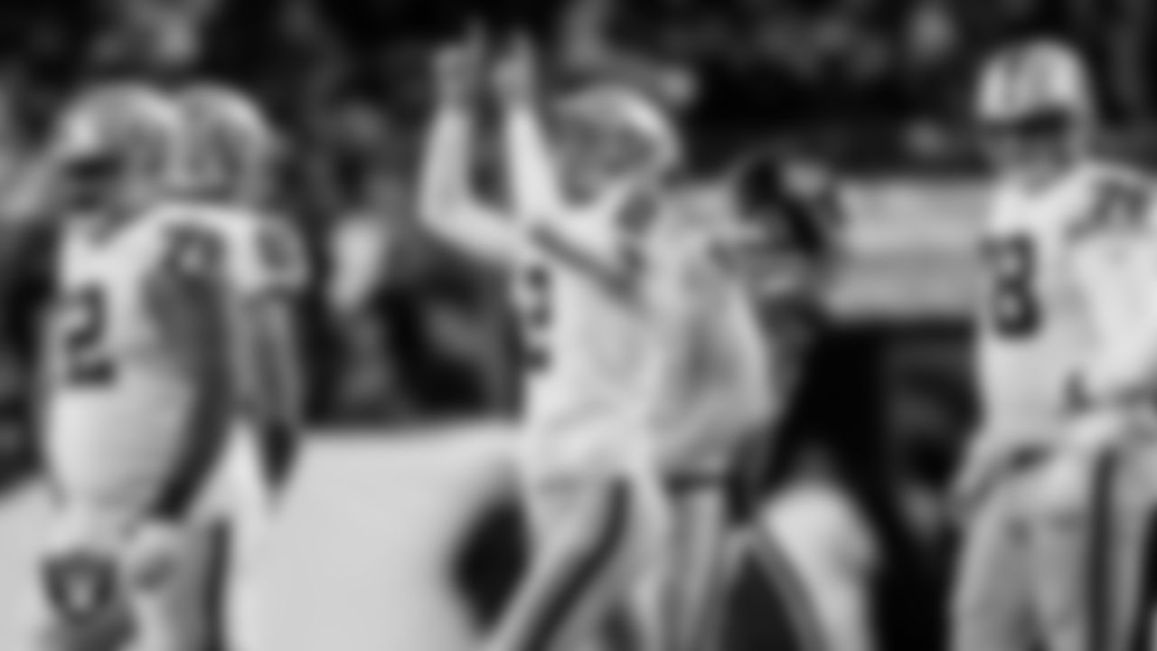Las Vegas Raiders kicker Daniel Carlson (2) after kicking a 57-yard field goal during the regular season away game against the Denver Broncos at Empower Field at Mile High.