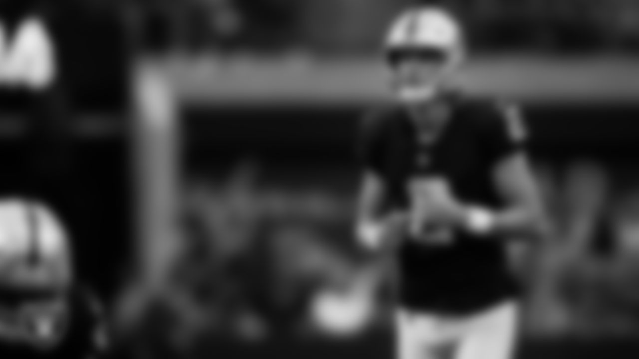 Las Vegas Raiders kicker Daniel Carlson (2) before kicking a 39-yard field goal during the regular season home game against the Denver Broncos at Allegiant Stadium.