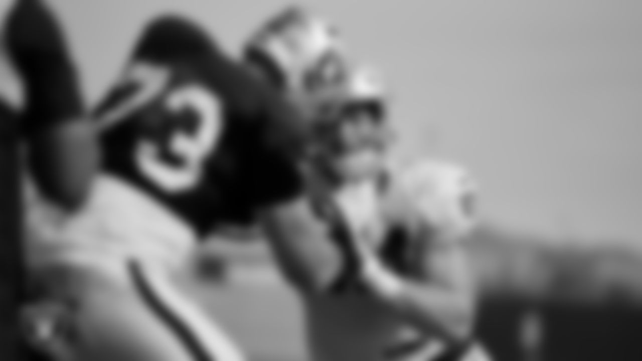 Las Vegas Raiders tackle Dan Skipper (73) and defensive end Carl Nassib (94) during practice at Intermountain Healthcare Performance Center.