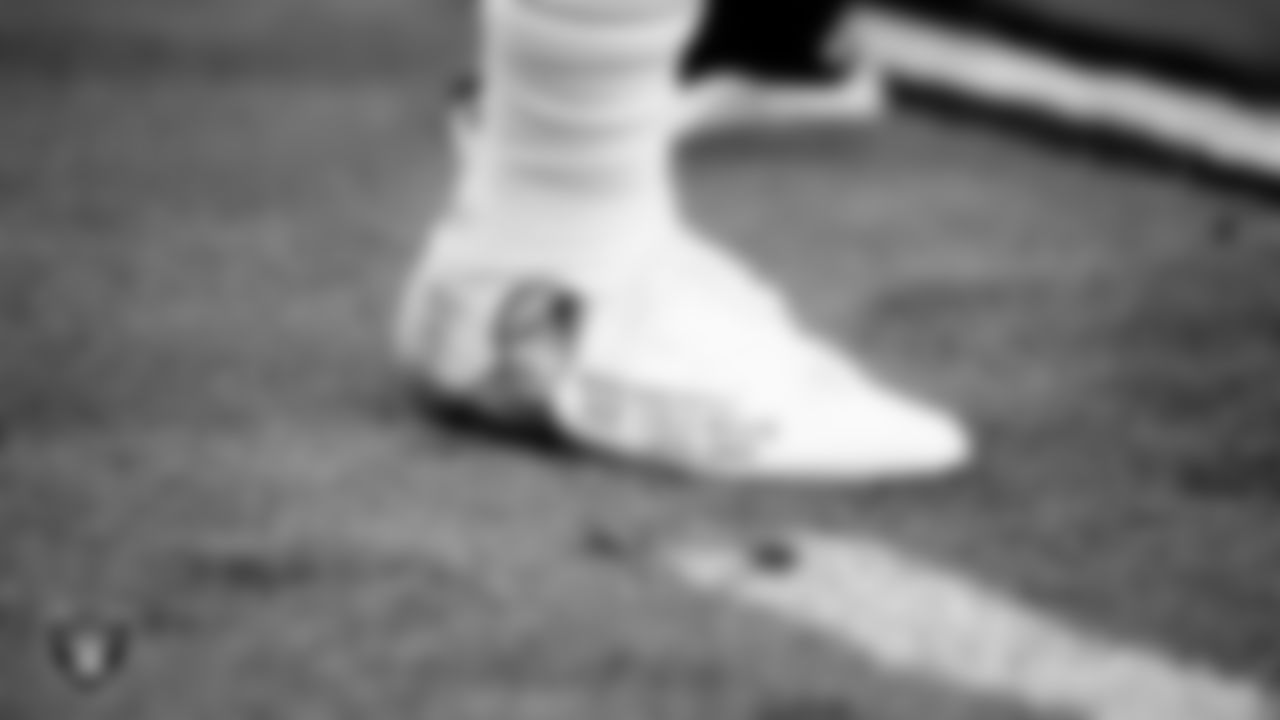 Las Vegas Raiders running back Josh Jacobs' (28) cleats before the regular season home game against the Kansas City Chiefs.