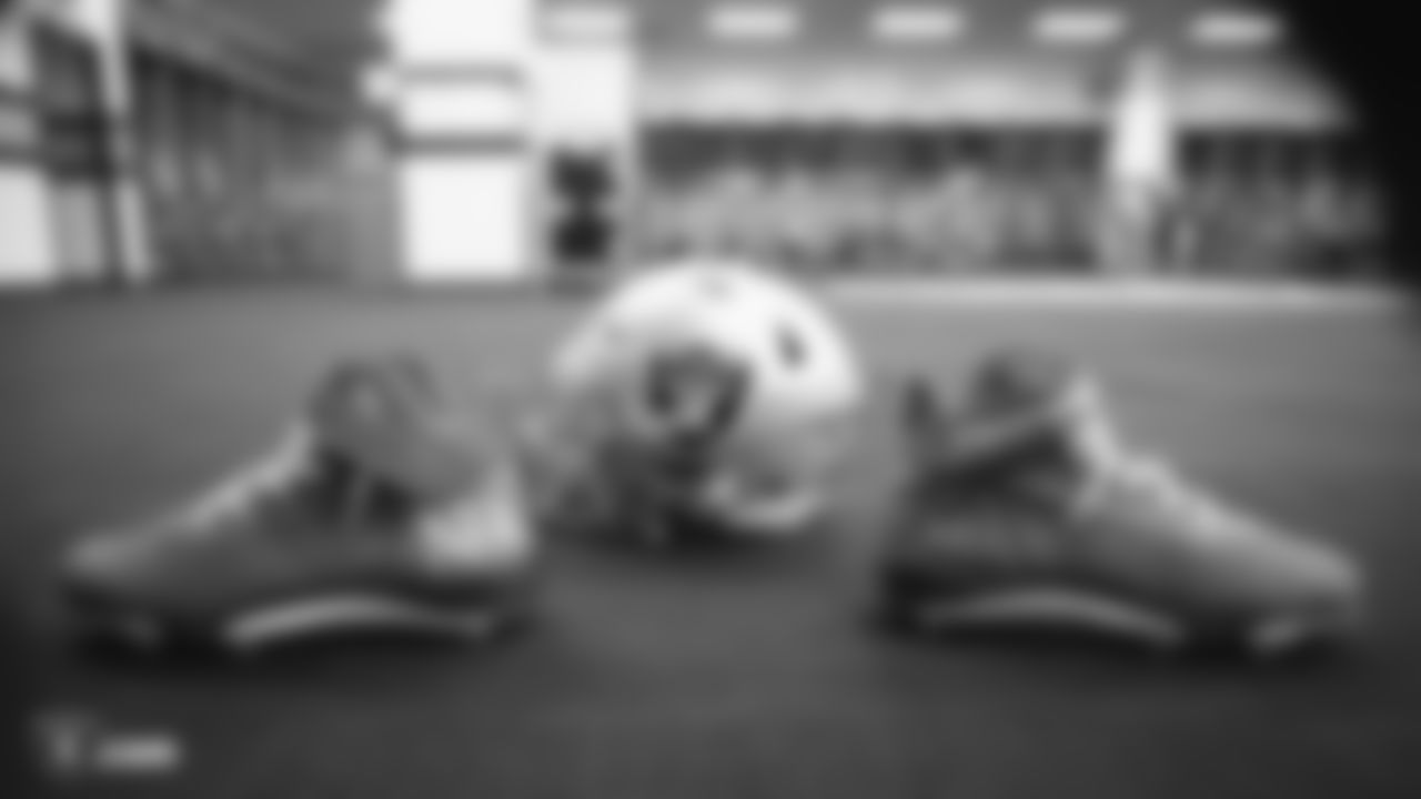 Raiders tackle Brandon Parker's (75) custom cleats for the NFL's My Cause My Cleats campaign in the locker room prior to the Raiders arrival for their regular season game against the Tennessee Titans. Brandon Parker wears these cleats in support of the National Fibromyalgia Association.