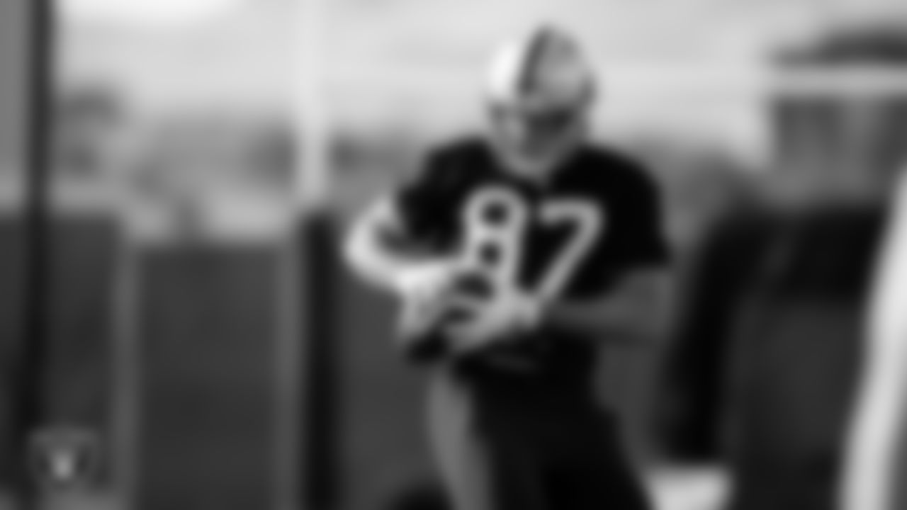 Las Vegas Raiders tight end Foster Moreau (87) on the field for practice at 2020 Training Camp.