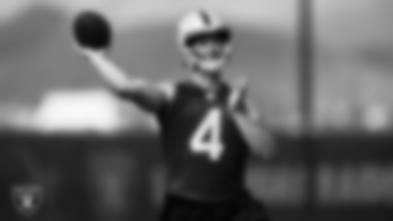 Las Vegas Raiders quarterback Derek Carr (4) on the field for practice at 2021 Training Camp.