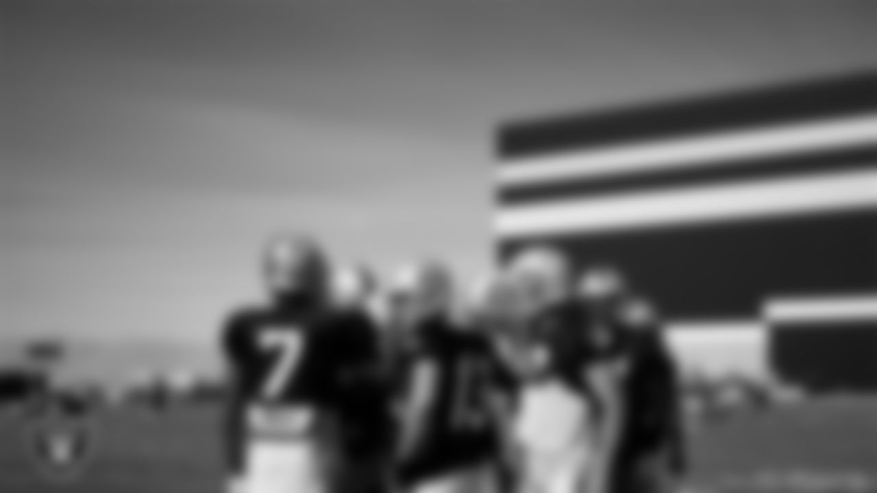 The Las Vegas Raiders wide receivers huddle during practice at Intermountain Healthcare Performance Center.