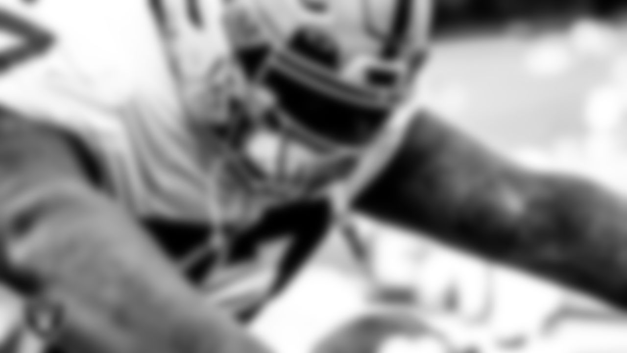 Las Vegas Raiders tackle Trent Brown (77) warming up before the regular season away game against the Kansas City Chiefs.
