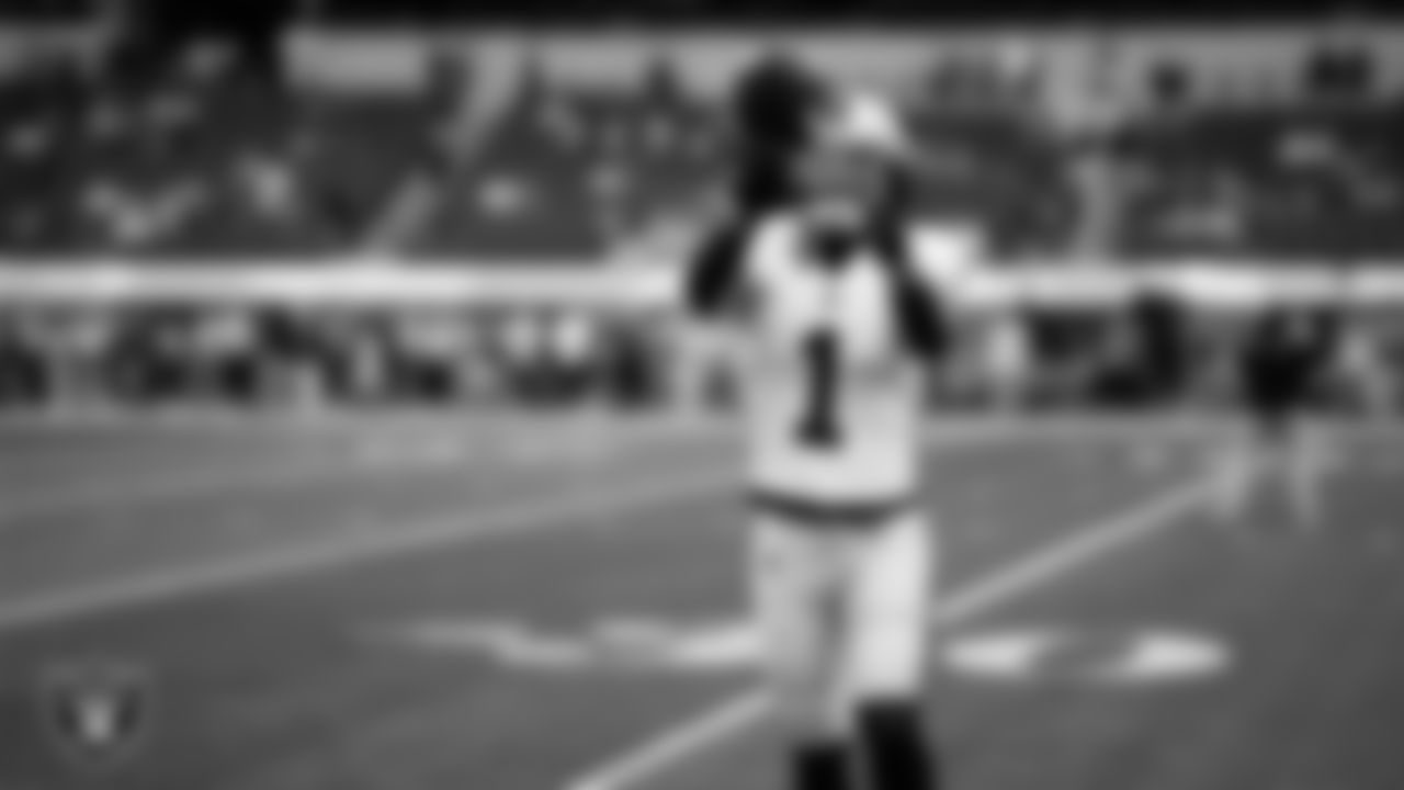 Las Vegas Raiders safety Marcus Epps (1) warming up before the regular season away game against the Los Angeles Chargers at SoFi Stadium.