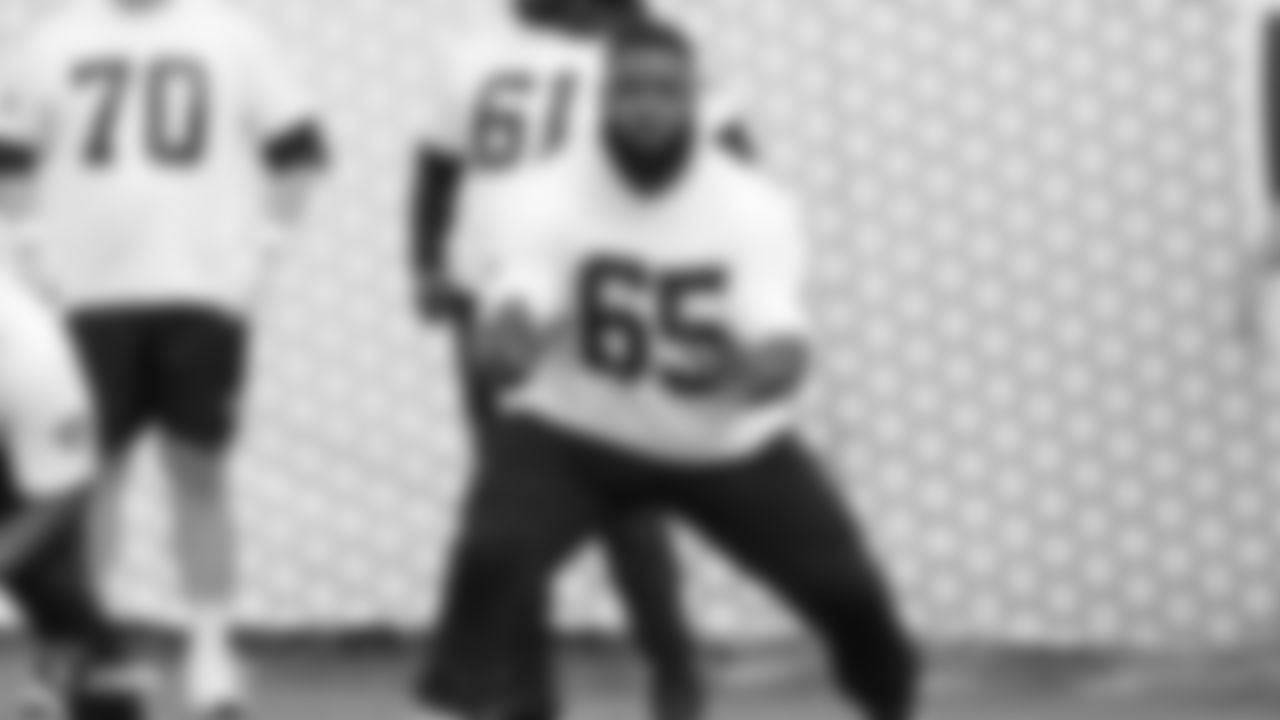 Raiders guard Chaz Green (65) at a workout during phase two of the offseason program at the Raiders Practice Facility in Alameda, Calif.