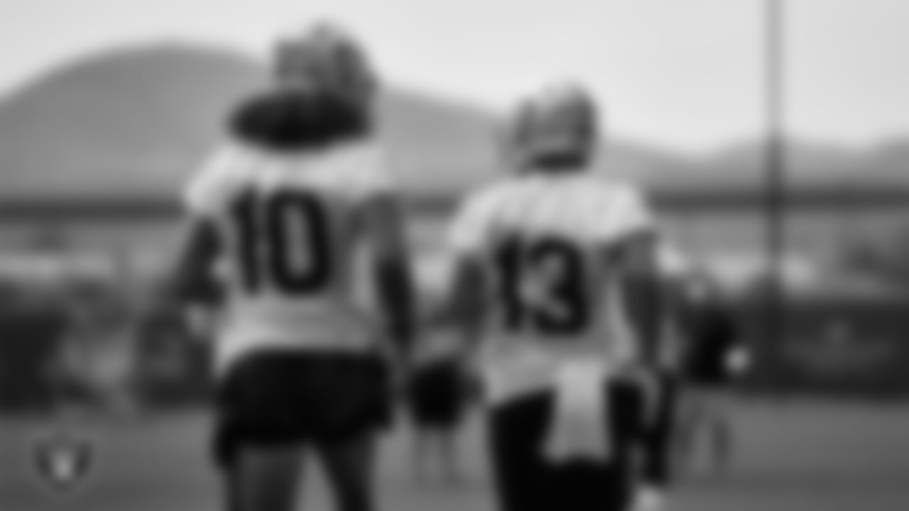 Las Vegas Raiders wide receiver Mack Hollins (10) and wide receiver Hunter Renfrow (13) during practice at Intermountain Healthcare Performance Center.