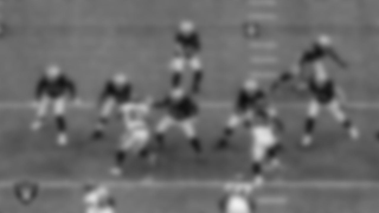 Las Vegas Raiders tackle Sam Young (70), guard Gabe Jackson (66), center Rodney Hudson (61), tackle Denzelle Good (71), tackle Kolton Miller (74) and running back Josh Jacobs (28) block for quarterback Derek Carr (4) during the regular season home game against the Tampa Bay Buccaneers.