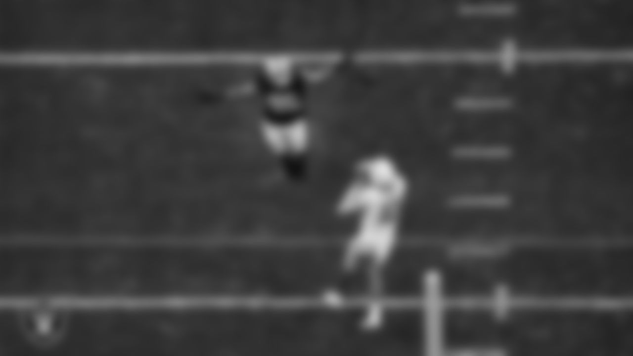 Las Vegas Raiders defensive end Tashawn Bower (96) pressures the quarterback during the regular season home game against the Los Angeles Chargers at Allegiant Stadium.
