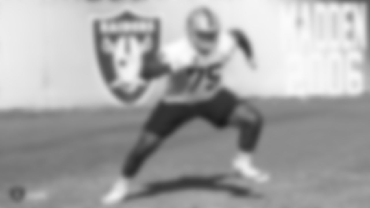 Oakland Raiders tackle Brandon Parker (75) on the field for practice at the Oakland Raiders Practice Facility, Wednesday, December 12, 2018, in Alameda, California.