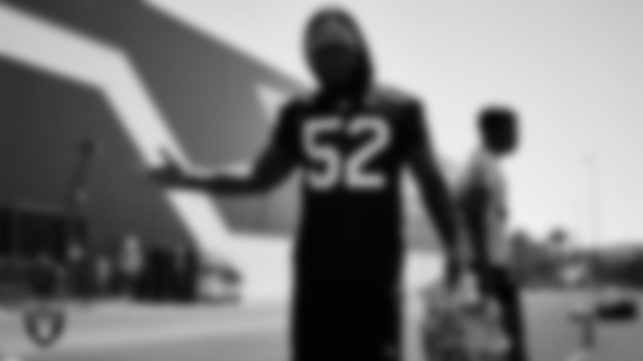 Las Vegas Raiders linebacker Denzel Perryman (52) at an Organized Team Activity (OTA).