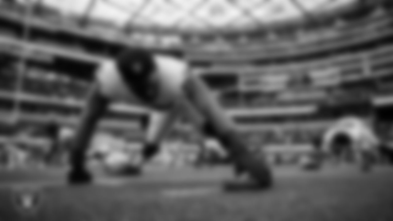 Las Vegas Raiders defensive lineman Jerry Tillery (90) warming up before the regular season away game against the Los Angeles Chargers at SoFi Stadium.