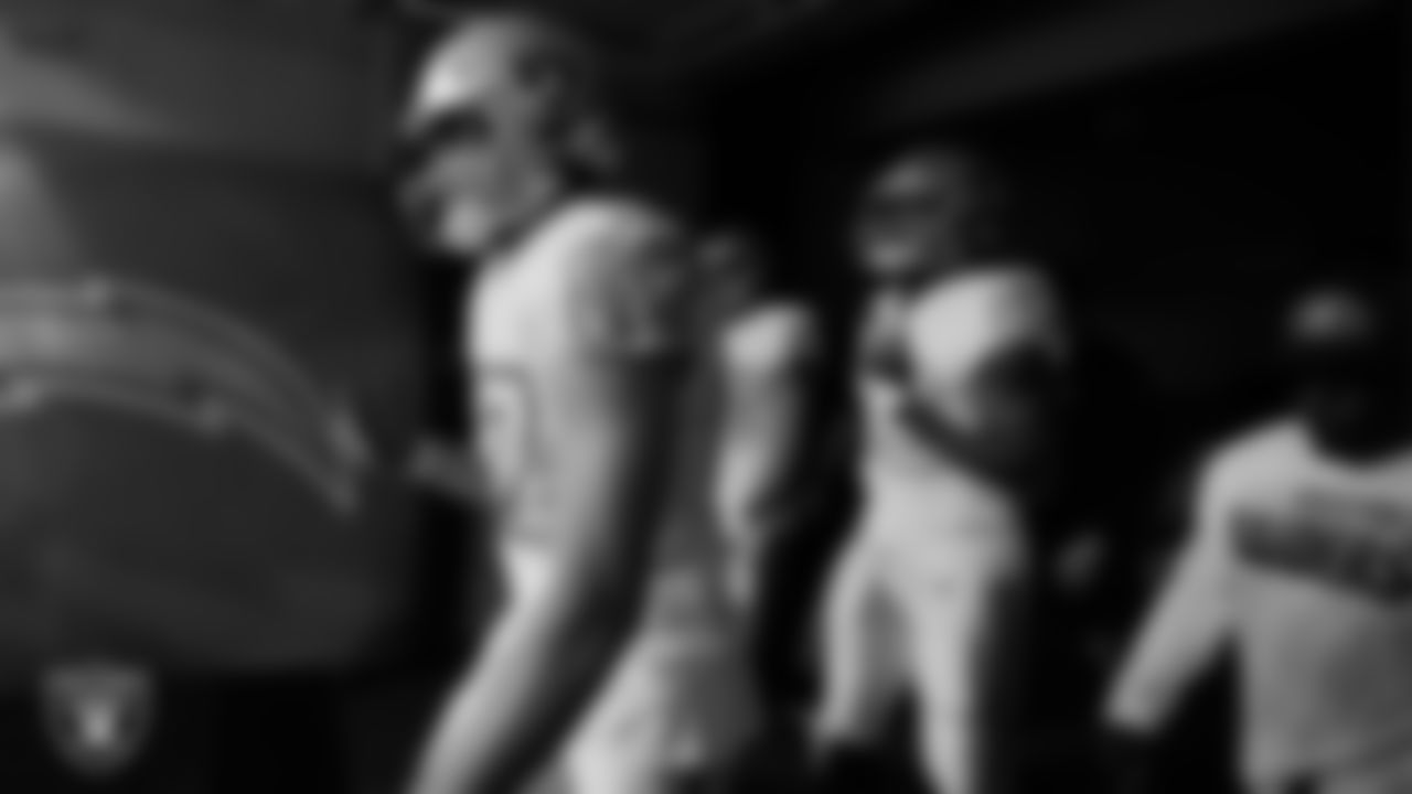 Las Vegas Raiders tight end Foster Moreau (87) walks down the tunnel before the regular season away game against the Los Angeles Chargers.