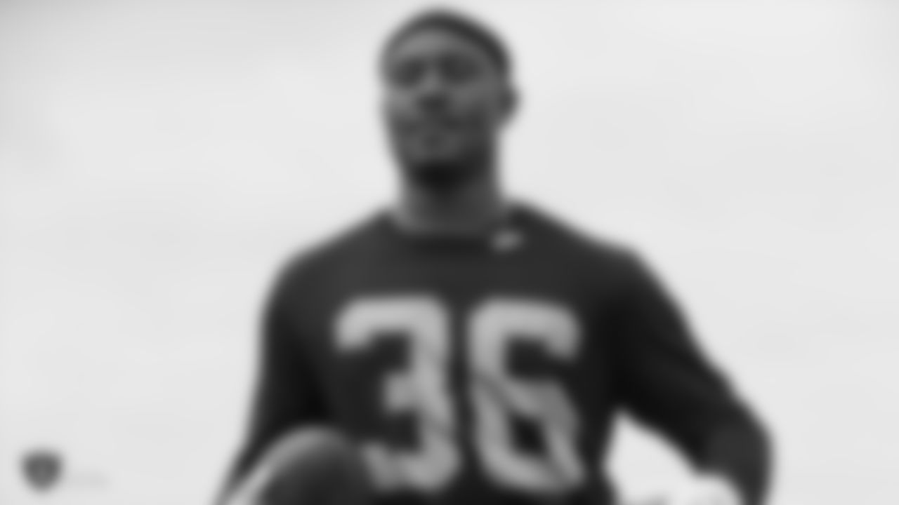 Raiders cornerback Montrel Meander (36) at a workout during phase two of the offseason program at the Raiders Practice Facility in Alameda, Calif.
