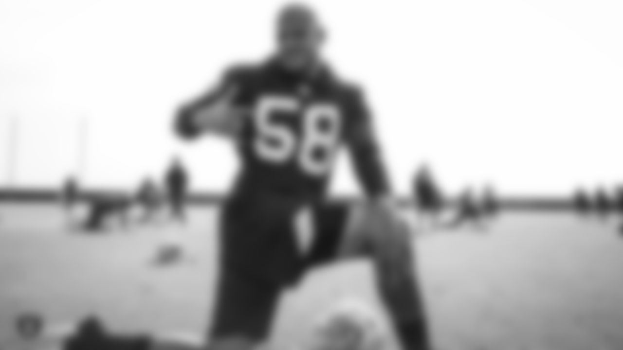 Raiders linebacker Kyle Wilber (58) warms up during practice at the Raiders Practice Facility.