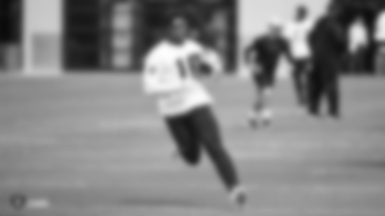 Raiders wide receiver Rico Gafford (10) at a workout during phase two of the offseason program at the Raiders Practice Facility in Alameda, Calif.