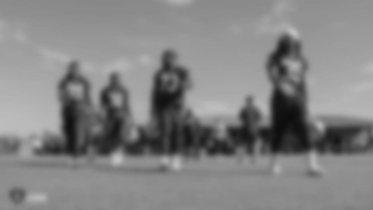 Oakland Raiders defensive end Arden Key (99), cornerback Nick Nelson (38), defensive tackle Maurice Hurst (73), and defensive back Shaquille Richardson (39) on the field for practice at 2018 Pre-Training Camp at The Oakland Raiders Napa Valley Training Complex, Tuesday, July 24, 2018, in Napa, California.