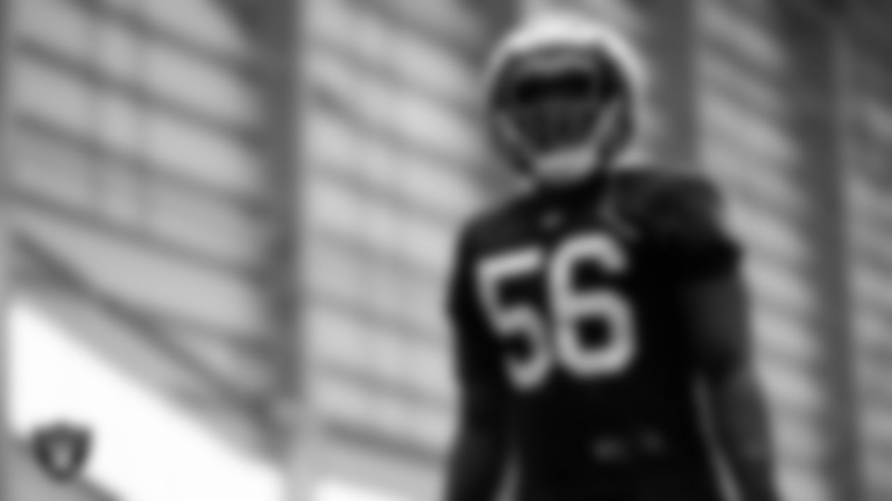 Las Vegas Raiders linebacker Amari Burney (56) during practice at Intermountain Health Performance Center.