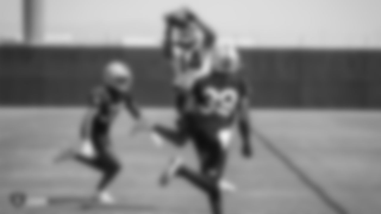 Raiders cornerback Dylan Mabin (37), wide receiver Keon Hatcher (14), and safety Jordan Richards (39) at a Mandatory Minicamp at the Raiders Practice Facility in Alameda, Calif.