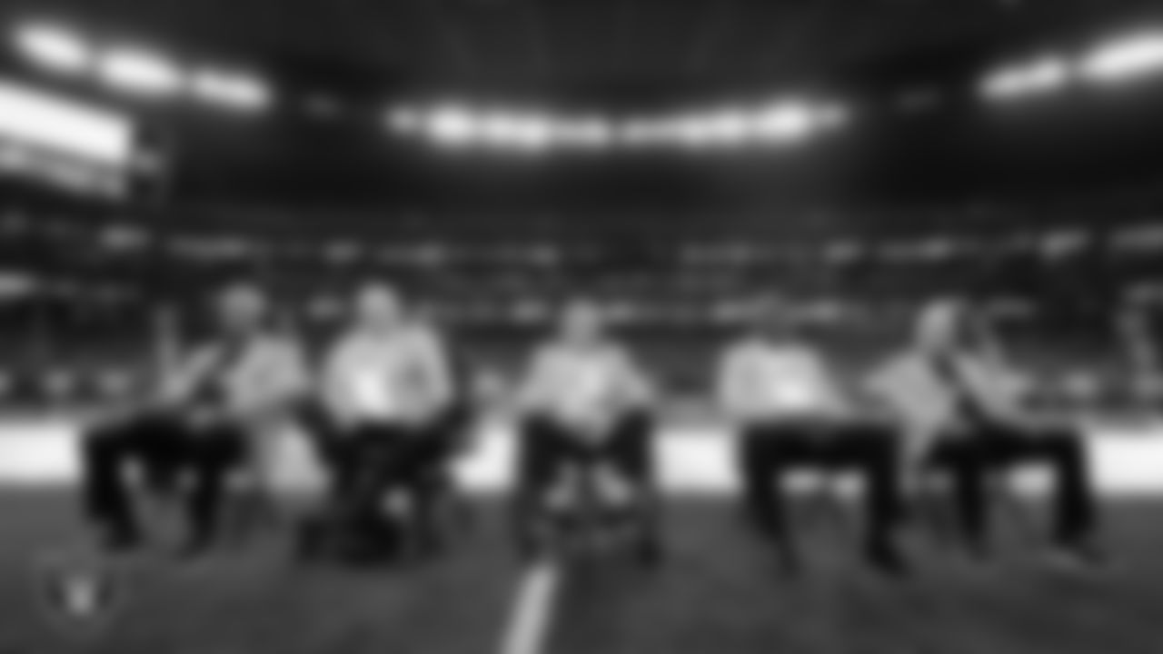 Las Vegas Raiders Hall of Famers, Ted Hendricks, Jim Otto, Tom Flores, Art Shell and Ron Wolf, on the field as Hall of Famer Charles Woodson is presented with the Ring of Excellence before the Las Vegas Raiders regular season home game against the Kansas City Chiefs.