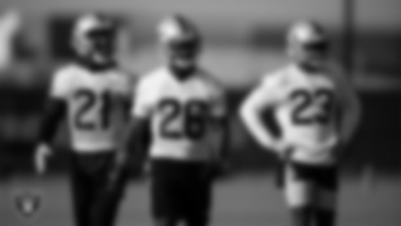 Las Vegas Raiders cornerback Prince Amukamara (21), cornerback Nevin Lawson (26) and defensive back Damarious Randall (23) on the field for practice at 2020 Training Camp.