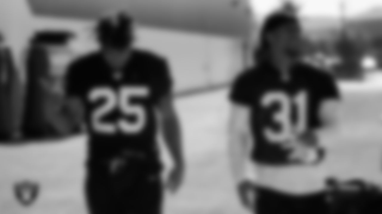 Las Vegas Raiders safety Tre'von Moehrig (25) and cornerback Cre'Von LeBlanc (31) at a workout during phase two of the offseason program.
