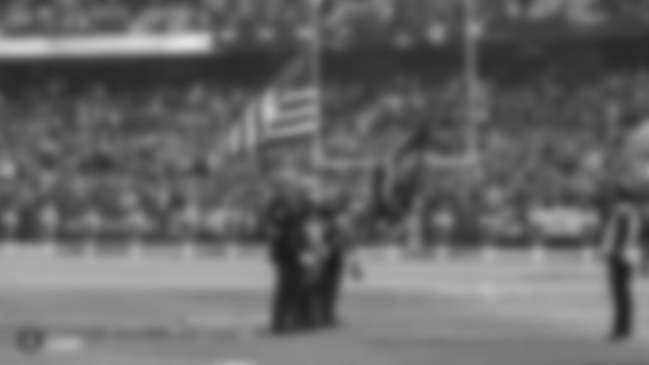 All five branches of military present the nation's colors during the national anthem before the Oakland Raiders regular season game against the Los Angeles Chargers at Oakland-Alameda County Coliseum, Sunday, November 11, 2018, in Oakland, California. The Oakland Raiders lost 20-6.