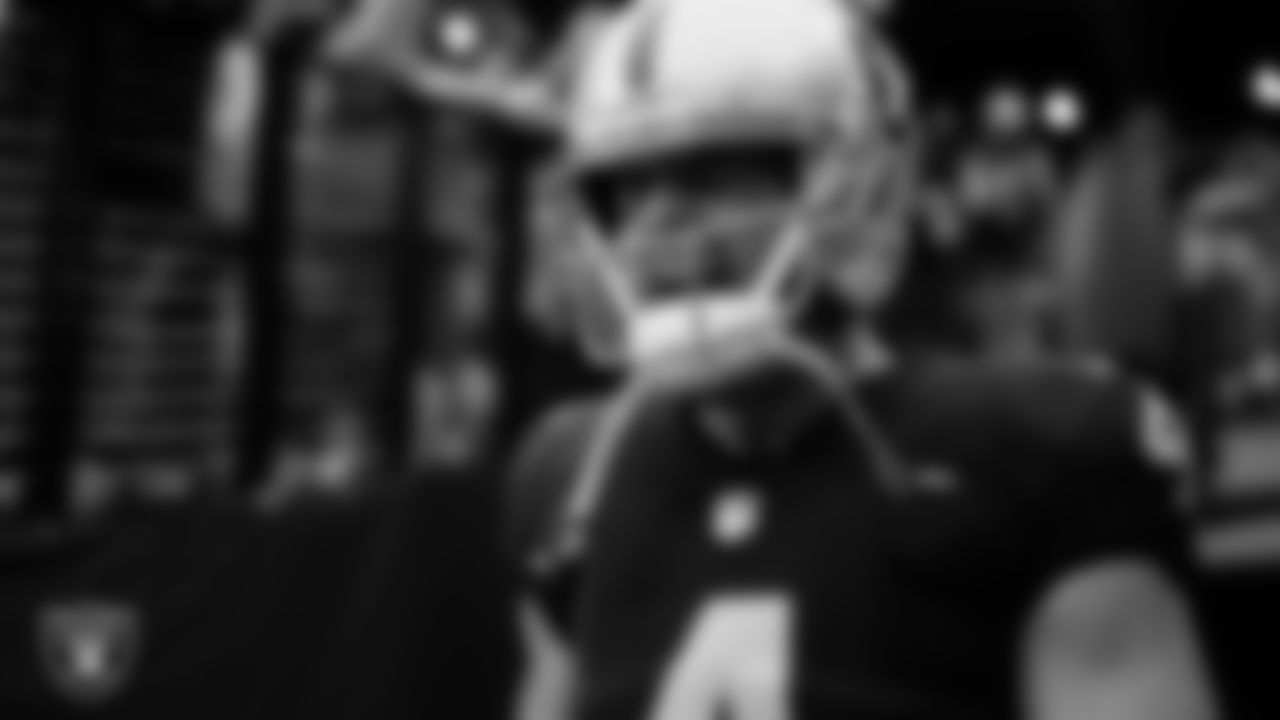 Las Vegas Raiders quarterback Derek Carr (4) waits to be introduced onto the field before the regular season home game against the Arizona Cardinals at Allegiant Stadium.