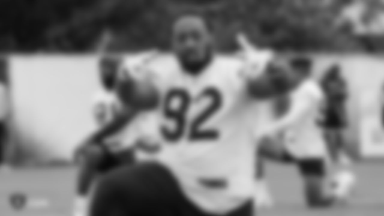 Raiders defensive tackle P.J. Hall (92) on the field for practice.