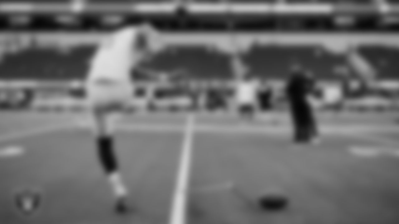 Las Vegas Raiders kicker Daniel Carlson (2) warming up before the regular season away game against the Los Angeles Chargers.