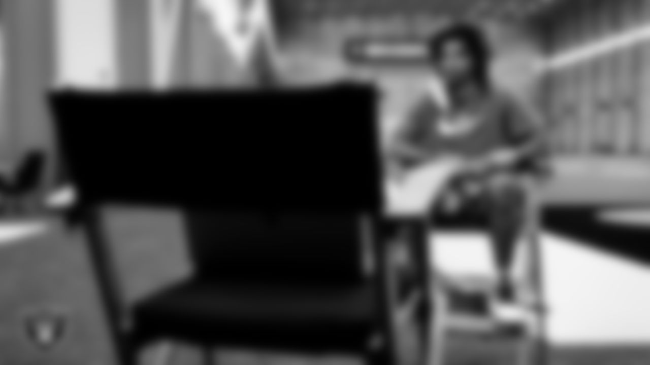 Las Vegas Raiders cornerback Damon Arnette (20) sits down for an interview with Silver and Black Productions after arriving for 2020 Training Camp.