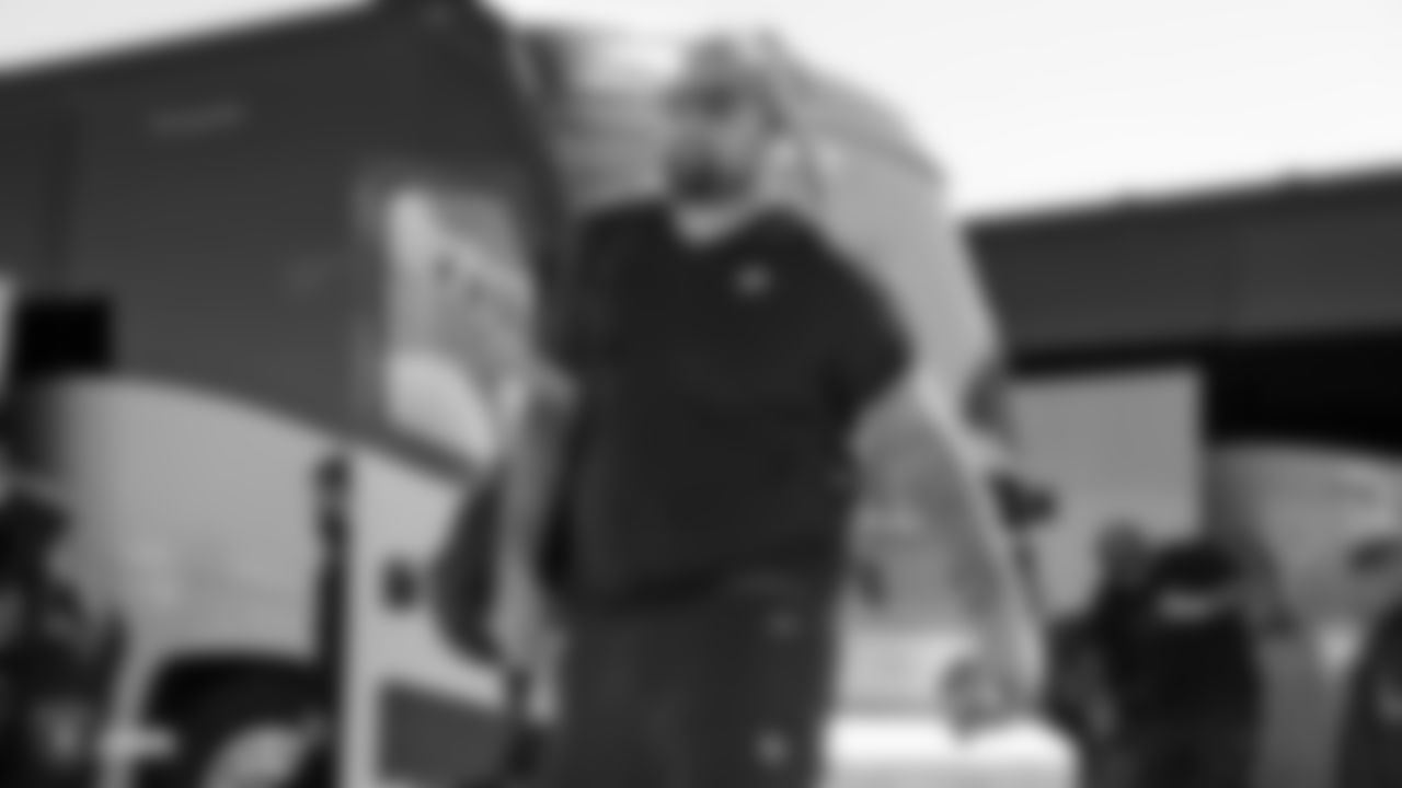 Oakland Raiders offensive guard Jon Feliciano (76) departs for their game against the Miami Dolphins, Friday, September 21, 2018, in Oakland, California.