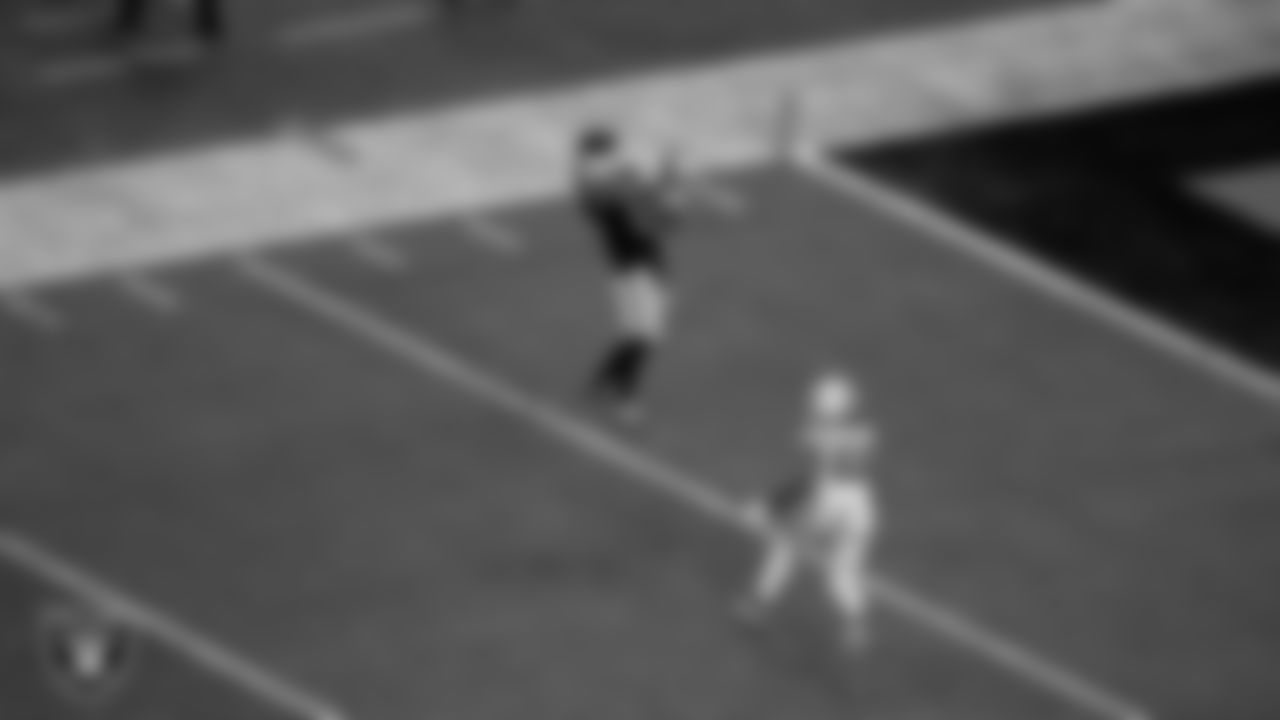 Las Vegas Raiders wide receiver Davante Adams (17) makes a catch during the regular season home game against the Indianapolis Colts at Allegiant Stadium.