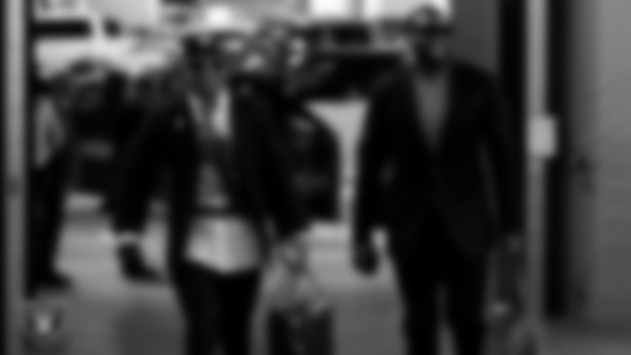 Las Vegas Raiders safety Johnathan Abram (24) and defensive end Clelin Ferrell (99) arrive to the regular season home game against the Houston Texans at Allegiant Stadium.