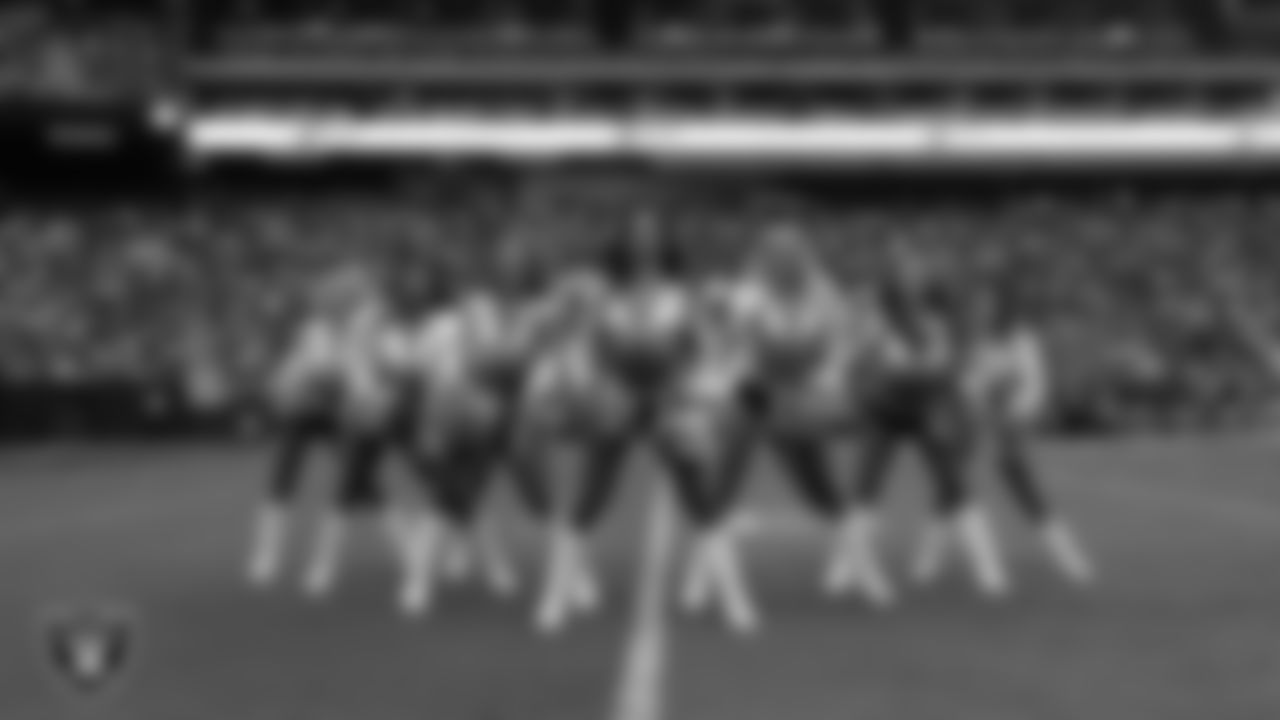 The Raiderettes line 1 performs on the field during the regular season home game against the Arizona Cardinals at Allegiant Stadium.